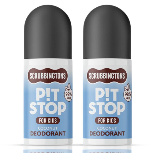 Scrubbingtons Pit Stop Kids Deodorant 98% Natural Roll On, Coconut 75ml x 2