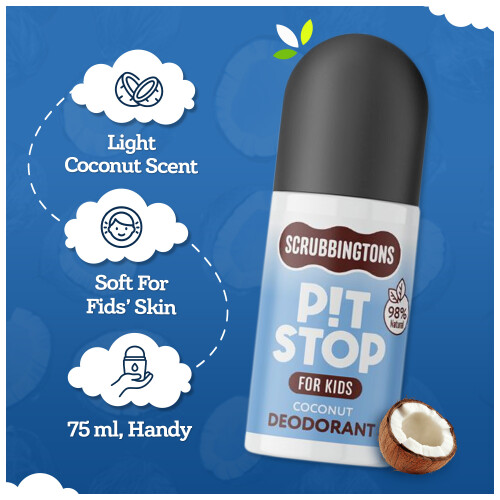 Scrubbingtons Pit Stop Kids Deodorant 98% Natural Roll On, Coconut 75ml x 2 1