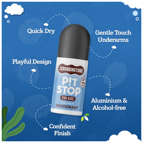 Scrubbingtons Pit Stop Kids Deodorant 98% Natural Roll On, Coconut 75ml x 2 2