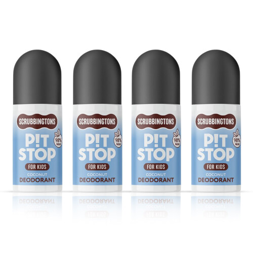 Scrubbingtons Pit Stop Kids Deodorant 98% Natural Roll On, Coconut 75ml x 4