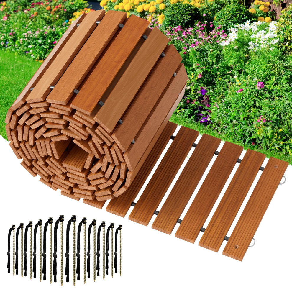 24.5Ft Wooden Garden Pathway Roll Out Walkway With Nonslip Widened Planks And Easy Stake Installation 9073542874096