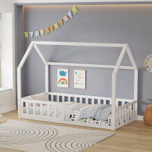 WestWood Wooden House Shaped Toddler Bed Frame Single w/ Half-Length Guard Rail White