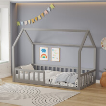 WestWood Wooden House Shaped Toddler Bed Frame Single w/ Half-Length Guard Rail Grey