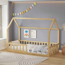 WestWood Wooden House Shaped Toddler Bed Frame Single w/ Half-Length Guard Rail Natural