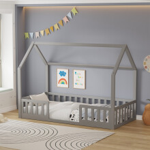 WestWood Wooden House Shaped Toddler Bed Frame Single w/ Split Safety Guard Rail Grey