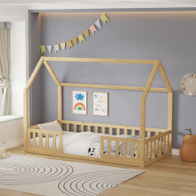 WestWood Wooden House Shaped Toddler Bed Frame Single w/ Split Safety Guard Rail Natural