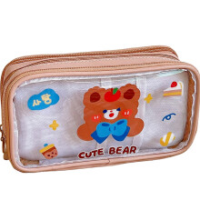 Cute 3Layer Pencil Pouch with Clear Cartoon Design, Large Capacity Light Brown Pencil Case Organizer