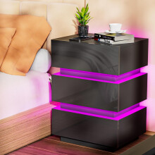 3 Drawers LED Bedside Table Wooden Bedside Cabinet with Power Outlet for Bedroom Living Room