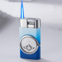 Windproof Jet Flame Lighter with Lever Ignition and Luminous Clock Dial, Refillable Metal Butane Lighter for Outdoor Use
