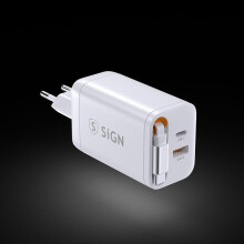 SiGN GaN Pikalaturi USB-C/USB-A 65W jatkettavalla USB-C-kaapelilla - Valkoinen
