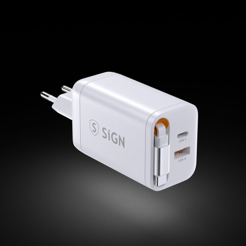 Carregador rápido SiGN GaN USB-C/USB-A 65W com cabo USB-C extensível - Branco