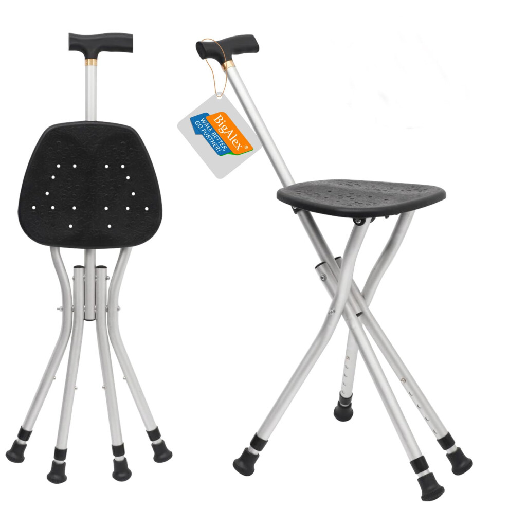 Folding Walking Cane with Seat for Seniors, Adjustable 2 in 1 Cane Chair with NonSlip Quad Base and Comfort Grip Handle