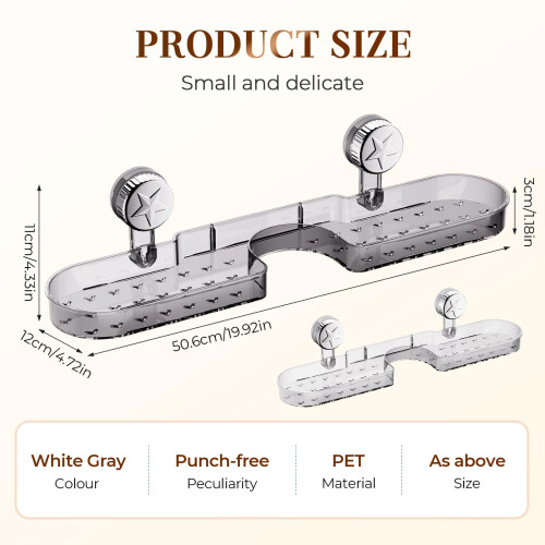 Suction Cup Shower Shelf No Drill Movable Wall Mounted Bathroom Organizer White and Grey Space Saving Design 1