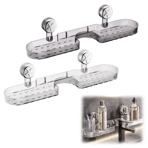 Suction Cup Shower Shelf No Drill Movable Wall Mounted Bathroom Organizer White and Grey Space Saving Design