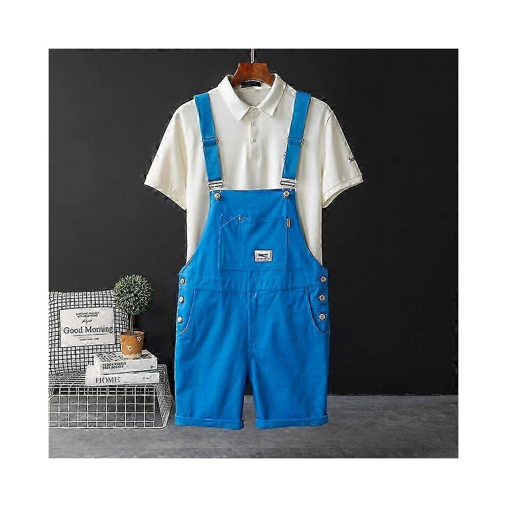 (blue, 4XL) Men's Retro Bib Shorts Summer Loose Casual Workwear
