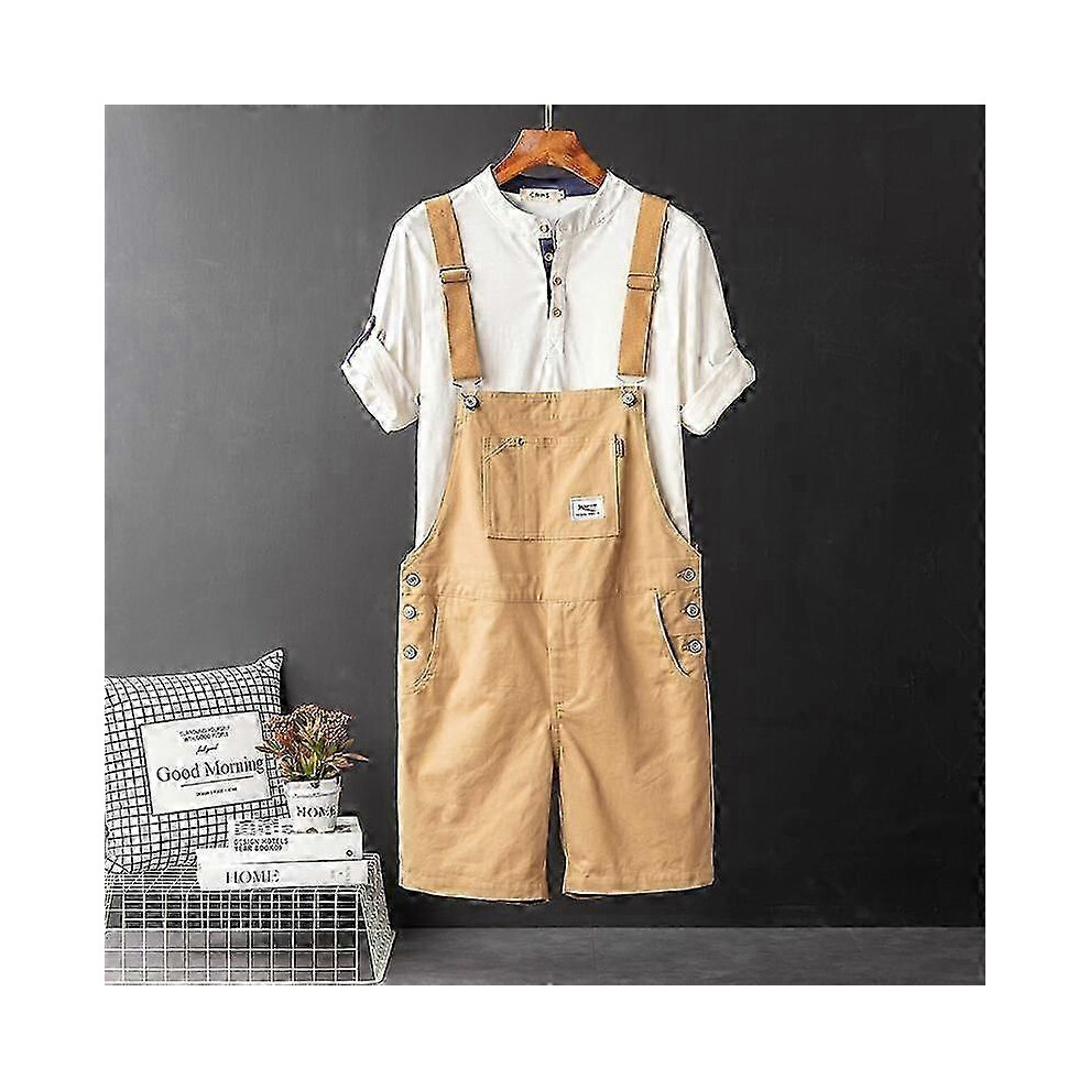 (khaki, 5XL) Men's Retro Bib Shorts Summer Loose Casual Workwear