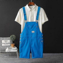 (blue, XXL) Men's Retro Bib Shorts Summer Loose Casual Workwear