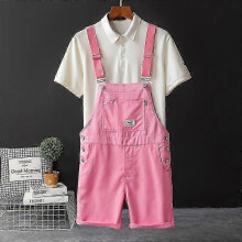 (pink, M) Men's Retro Bib Shorts Summer Loose Casual Workwear