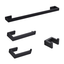 Matte Black Bathroom Hardware Set, Durable FourPiece Kit with Towel Rack, Paper Holder, Hooks, Soap Tray