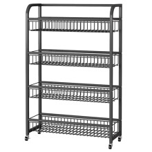 Slim Floor Standing Snack Display Rack and Metal Fruit Basket Organizer, SpaceSaving Wire Shelf for Kitchen or Supermarket Storage