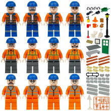 12 PCS Hotel Construction Crew City Engineering Team Small Building Block Figures Birthday Gift for Children