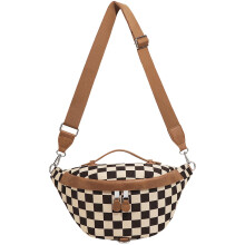 Checkered Fanny Pack for Women Brown Chest Bag with Spacious Main Compartment and Multi Pockets