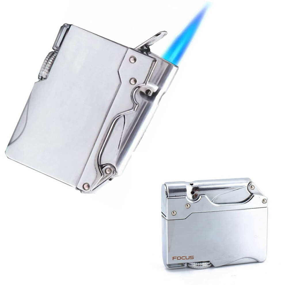 Silver Butane Torch Lighter Windproof Jet Flame Refillable Vintage Metal Cigar Lighter