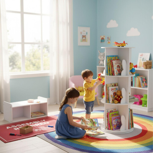 Libreria girevole per bambini, bianca, design a orecchie di coniglio 1