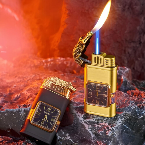 Butane Torch Lighter Windproof Dual Flame Refillable Dragon Grip with Visible Fuel Window Red 1