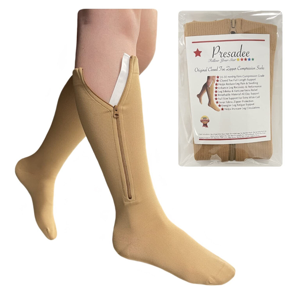 Beige 2030Mmhg Zipper Compression Socks Closed Toe 4XL For Men And Women