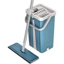 Flat Mop and Bucket Set with Hands Wringing, Dual Scraper, Reusable Microfiber Pad, 130cm Handle