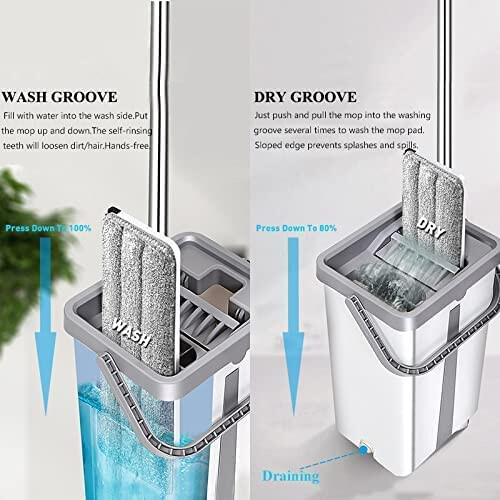 Flat Mop and Bucket Set with Hands Wringing, Dual Scraper, Reusable Microfiber Pad, 130cm Handle 2