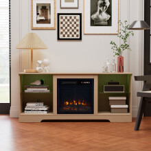 Garden Sanctuary Natural Wood Grain Electric Fireplace TV Stand w/ 15 Colors LED Light String& Remote