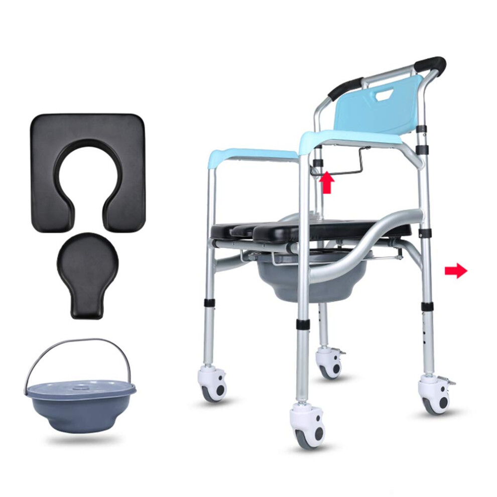 Blue Foldable 3In1 Shower Wheelchair With Ushaped Cushion, Drop Arm, And Splash Guard For Elderly