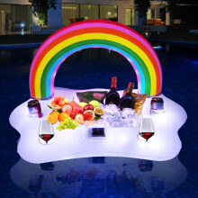Solar Powered Inflatable Rainbow Cloud Pool Drink Holder with Lights, Glow in the Dark Floating Bar 1PC