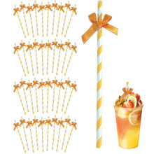 Butterfly Paper Straws 40 Pack, Orange Stripe Decorative Party Drinking Straws for Birthday and Valentine's Day