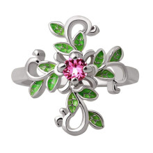 Silver Cross Ring for Women Hollow Leaf Design with Sparkling Rhinestone Accents Silvertone US 5