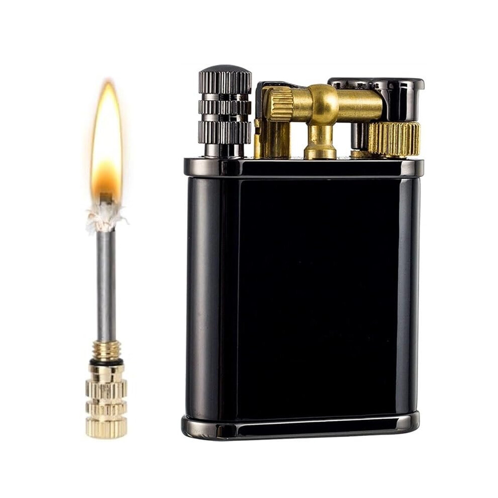 Black 2 In 1 Vintage Kerosene Permanent Match Lighter, Refillable Antique Brass Soft Flame Flint Wheel Gift For Men (Black)