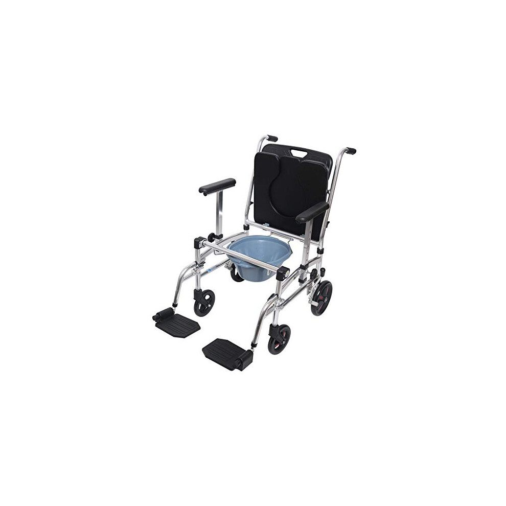 Adjustable Bedside Commode Chair with Wheels, Padded Seat, Detachable Bucket, Lockable Brakes for Elderly
