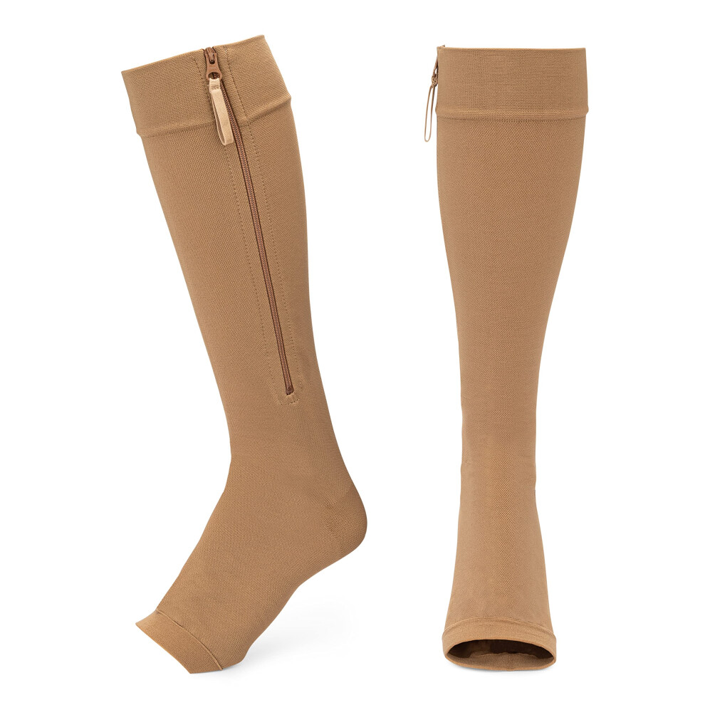 Zipper Compression Socks 2030 mmHg Open Toe Knee  4XL Beige Graduated Support for AllDay Leg Relief