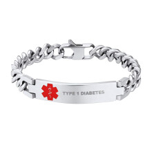 Men's Stainless Steel Medical Alert Bracelet for Type 1 Diabetes 21cm Silver ID with Engraved Tag