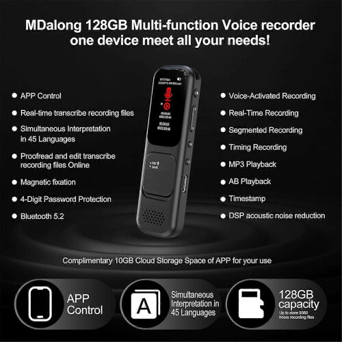 128GB digitale spraakrecorder met app, draagbare recorder met transcriptie naar tekst, audiorecorder 1