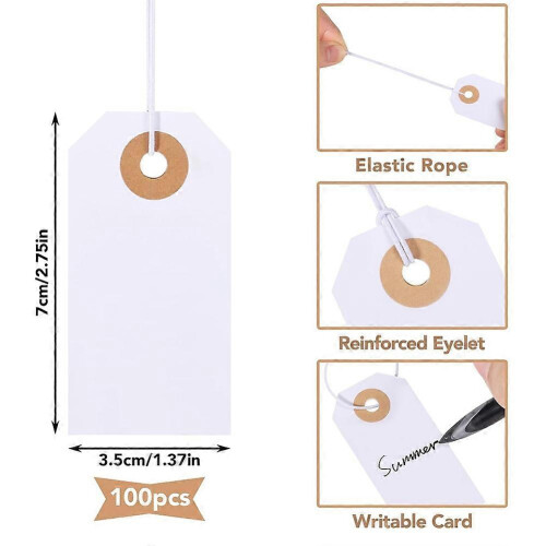 100 Pack Blank Tags with Elastic String Marking Hang Tags Attached Reinforced Hole Writable Blank Tags 2.75x1.37Inch 1