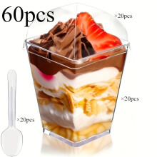 (60pcs) 5-Ounce Square Dessert Cups, with Lids And Spoons - Stackable Party Cups Suitable for Yogurt, Ice Cream, And Custard -