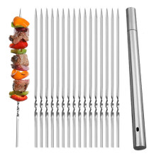 40 Pack 304 Stainless Steel BBQ Skewers, Flat AntiRotation Grilling Sticks with Storage Tube, Reusable for Outdoor Camping