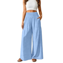 Smocked Linen Pants Women Baggy Flowy Wide Leg Pants-Blue XXL