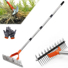 14 Inch Adjustable Lawn Thatching Rake with Stainless Steel Handle, Dual Tine Spacing for Dead Grass Removal