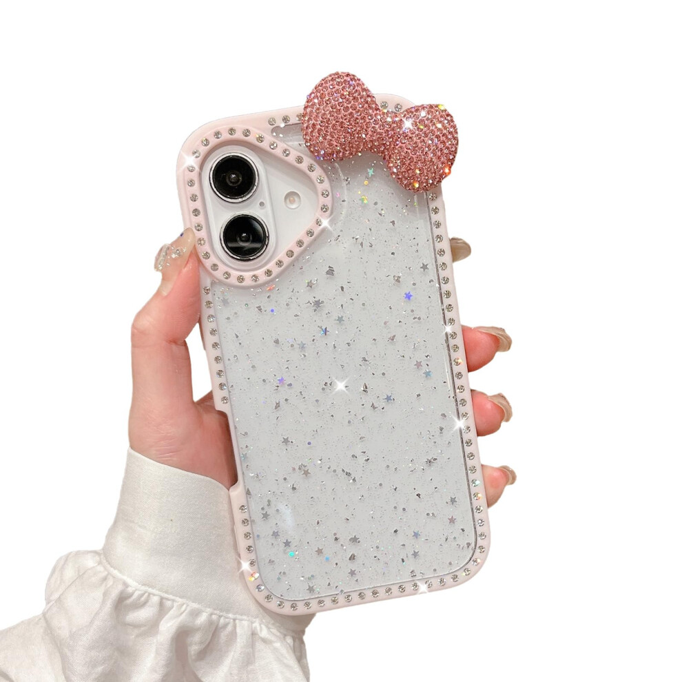 Transparent Case For Iphone 15 Shockproof Slim Clear Cover With Glitter Rhinestone Bowknot Design Pink 9092120363289