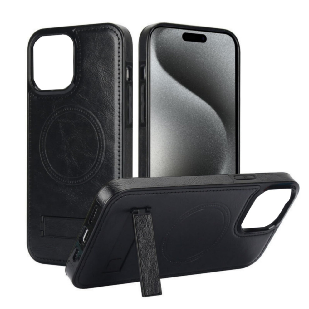Case With Hidden Kickstand, Ultrathin Shockproof Leather Design, 6.1' For Magsafe Iphone 15 Pro Black 9330225205555