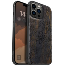 Wood Case for iPhone 13 Pro Max MagSafe Compatible, Shockproof Floral Engraved Blackwood Protective Cover